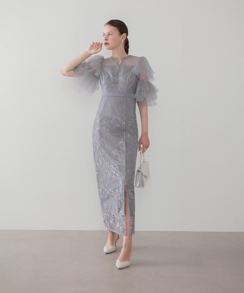 Leja(レジャ)の「【LEJA】フラワーシシュウスパンコールチュールスリーブIラインワンピースドレス美脚効果結婚式 パーティードレス 成人式 二次会 同窓会 お呼ばれ オケージョン 20代 30代(ドレス・レディース・グリーン/グレー・SMALL/MEDIUM)」の9枚目の写真