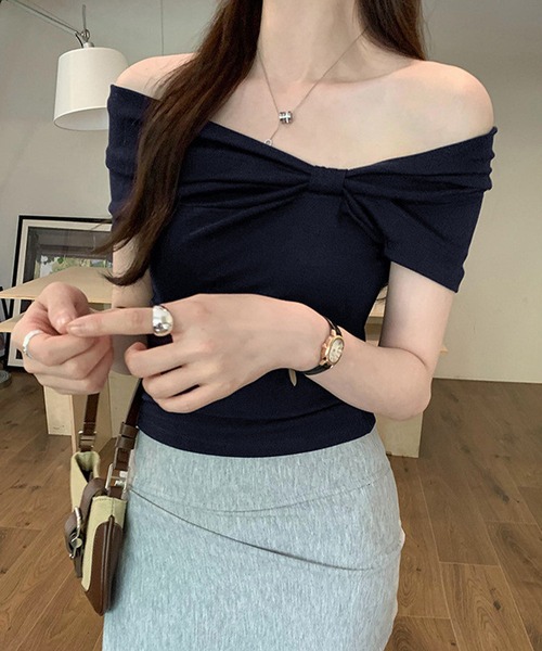 lulufa（ルルファ）の「2WAY ワンショル ・ オフショル アシメリボンデザイントップス（Tシャツ/カットソー・レディース・ネイビー/ホワイト・FREE）」の11枚目の写真