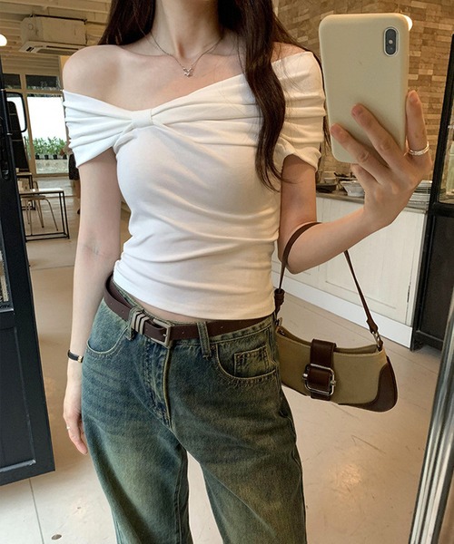 lulufa（ルルファ）の「2WAY ワンショル ・ オフショル アシメリボンデザイントップス（Tシャツ/カットソー・レディース・ネイビー/ホワイト・FREE）」の14枚目の写真