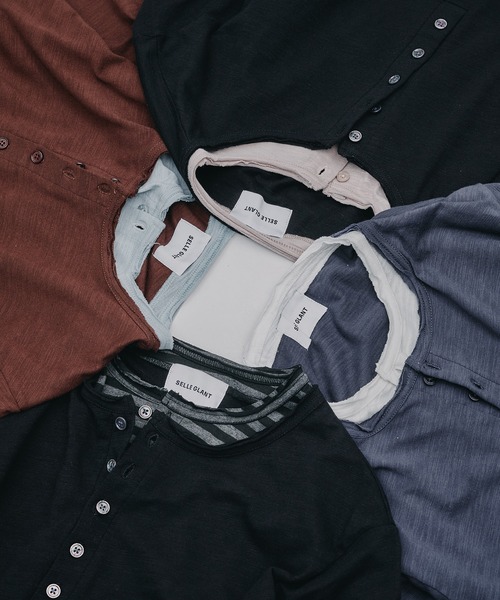 SELLE GLANT（セレグランテ）の「LAYERED HENLEY NECK SLUB T-SHIRT/レイヤードスタイルヘンリーネックスラブTシャツ（Tシャツ/カットソー・メンズ・ブラック系その他/ネイビー/ダークブラウン/ブラック・SMALL/MEDIUM/LARGE）」の5枚目の写真