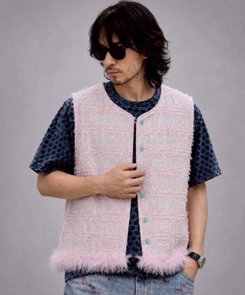KAMINARI_TOKIO（カミナリトキオ）の「カラーボタンフリンジベスト（ベスト・レディース・ピンク/アイボリー・FREE）」の5枚目の写真