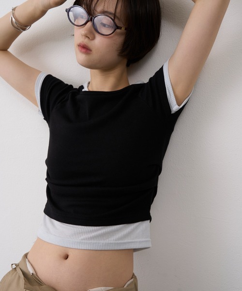 NUJOH(ヌゾ)の「Layered Raglan Tee / レイヤードラグランTシャツ(Tシャツ/カットソー・レディース・ライトブルー/ブラウン/ブラック・FREE)」の1枚目の写真