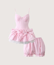 Bow Peplum Gingham Dress Set Up/リボン付きペプラムギンガムドレスセット