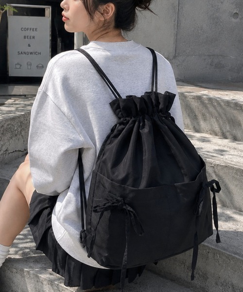 Salong hameu（サロン ハミュー）の「「ドット柄は当店限定の別注カラー」リボンナップサック/リュック/A4収納可能（バックパック/リュック・レディース・ブラック/ピンク/アイボリー/ドット・FREE）」の3枚目の写真