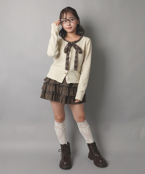 SPINNS(スピンズ)の「レイヤード風長袖カットソー/チェックリボン/NEO森ガール(Tシャツ/カットソー・レディース・アイボリー/ブラウン/チャコール・ONESIZE)」の11枚目の写真