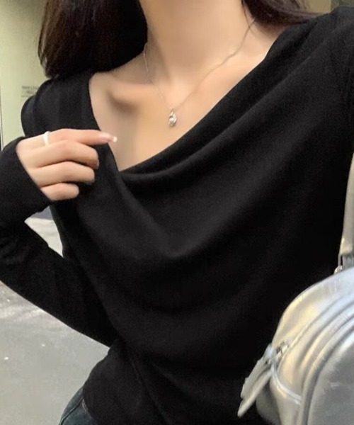 Beststore(ベストストア)の「ドレープネック デコルテ見せ 長袖トップス Tシャツ カットソー(Tシャツ/カットソー・レディース・グレー/ピンク/ブルー/アイボリー/ライトベージュ/ブラック・M/L)」の10枚目の写真