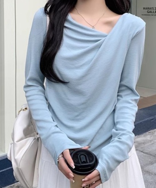 Beststore(ベストストア)の「ドレープネック デコルテ見せ 長袖トップス Tシャツ カットソー(Tシャツ/カットソー・レディース・グレー/ピンク/ブルー/アイボリー/ライトベージュ/ブラック・M/L)」の19枚目の写真