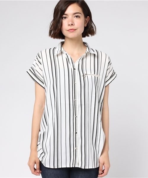 VENCEEXCHANGE（ヴァンスエクスチェンジ）の「ZIPフレンチスリーブストライプシャツ  （シャツ/ブラウス・レディース・オフホワイト・MEDIUM）」の2枚目の写真