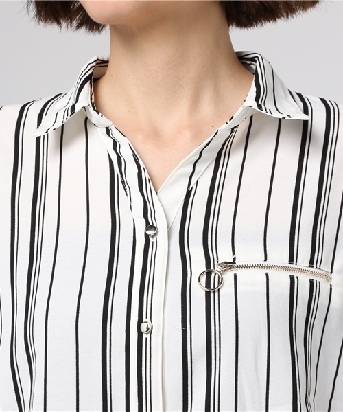 VENCEEXCHANGE（ヴァンスエクスチェンジ）の「ZIPフレンチスリーブストライプシャツ  （シャツ/ブラウス・レディース・オフホワイト・MEDIUM）」の5枚目の写真