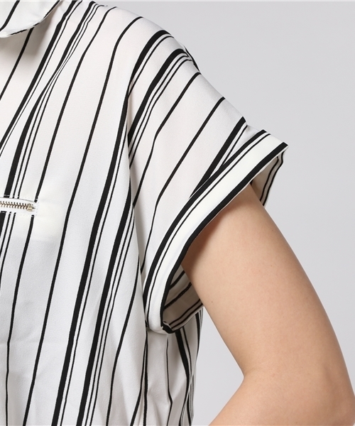 VENCEEXCHANGE（ヴァンスエクスチェンジ）の「ZIPフレンチスリーブストライプシャツ  （シャツ/ブラウス・レディース・オフホワイト・MEDIUM）」の6枚目の写真