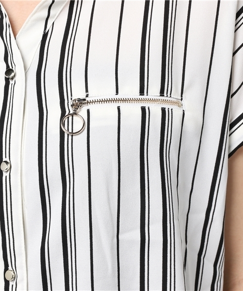 VENCEEXCHANGE（ヴァンスエクスチェンジ）の「ZIPフレンチスリーブストライプシャツ  （シャツ/ブラウス・レディース・オフホワイト・MEDIUM）」の7枚目の写真