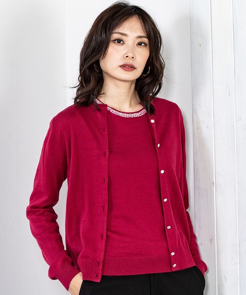 A/C DESIGN BY ALPHA CUBIC(エーシーデザインバイアルファキュービック)の「【アンサンブル対応】アンゴラ混ウォッシャブルジュエリーニットカーディガン(カーディガン)」|ピンク