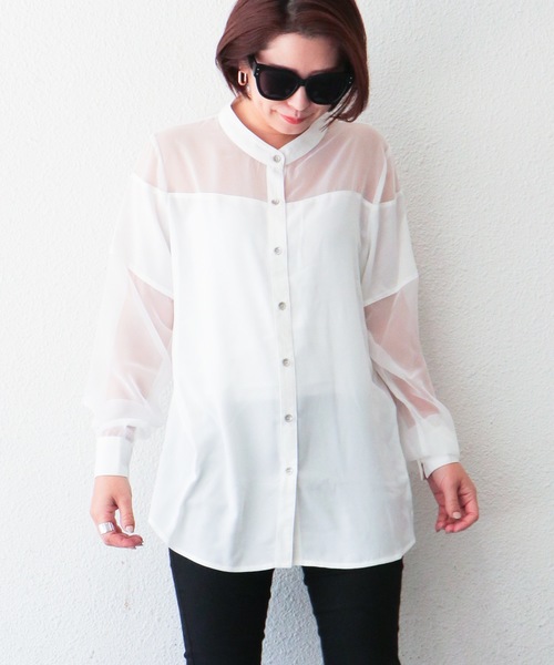 VENCEEXCHANGE（ヴァンスエクスチェンジ）の「ノーカラーシアーシャツ（シャツ/ブラウス・レディース・ブラック/オフホワイト/梅・M）」の2枚目の写真