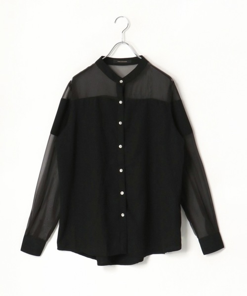 VENCEEXCHANGE（ヴァンスエクスチェンジ）の「ノーカラーシアーシャツ（シャツ/ブラウス・レディース・ブラック/オフホワイト/梅・M）」の3枚目の写真