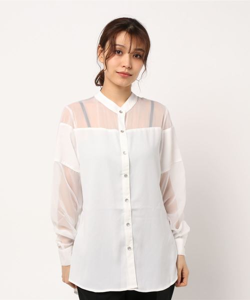 VENCEEXCHANGE（ヴァンスエクスチェンジ）の「ノーカラーシアーシャツ（シャツ/ブラウス・レディース・ブラック/オフホワイト/梅・M）」の10枚目の写真