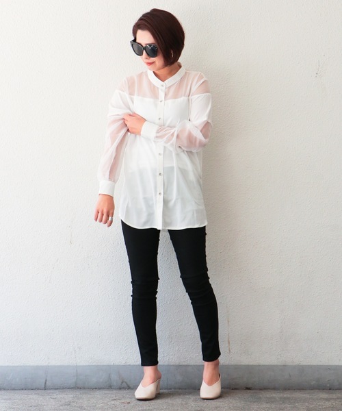 VENCEEXCHANGE（ヴァンスエクスチェンジ）の「ノーカラーシアーシャツ（シャツ/ブラウス・レディース・ブラック/オフホワイト/梅・M）」の9枚目の写真