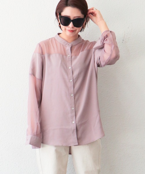 VENCEEXCHANGE（ヴァンスエクスチェンジ）の「ノーカラーシアーシャツ（シャツ/ブラウス・レディース・ブラック/オフホワイト/梅・M）」の8枚目の写真