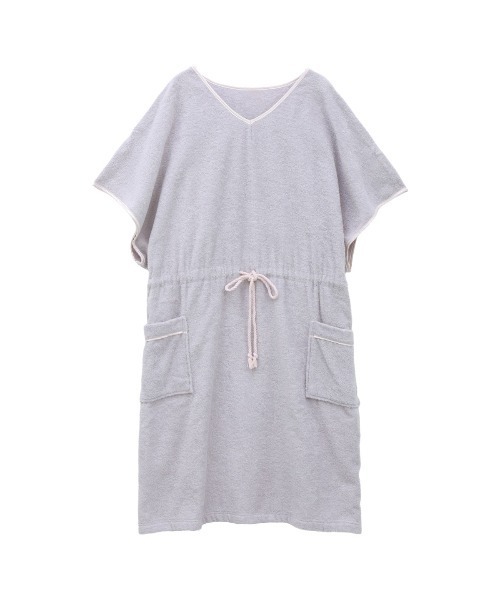 blooming FLORA（ブルーミングフローラ）の「【お風呂上りをもっと快適に】 綿100％パイル バスポンチョ バスラップ ワンピース 涼しい 夏（ルームウェア/パジャマ・レディース・ピンク/ブルー/ラベンダー/ホワイト×ネイビー/ホワイト×ピンク/モカ/スモークピンク/グレー/ベージュ・FREE）」の7枚目の写真