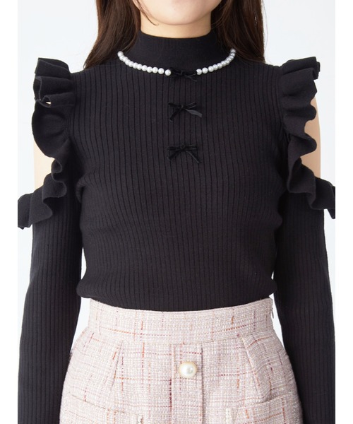 Ank Rouge（アンクルージュ）の「肩開きフリルリブニット（ニット/セーター・レディース・ピンク/アイボリー/ブラック・M）」の11枚目の写真