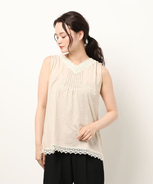 Samansa Mos2（サマンサ モスモス）の「Vネックノースリレースカットソー（Tシャツ/カットソー・レディース・ベージュ/オフホワイト/ブラック・ﾌﾘ-）」の3枚目の写真