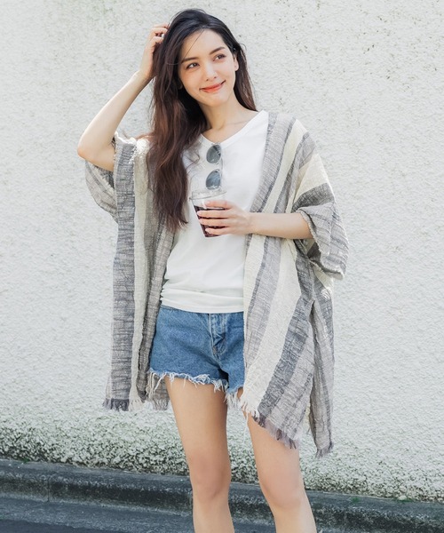 coca（coca）（コカ）の「＼＼新色登場／／ガーゼタッチサマーポンチョ（ポンチョ・レディース・ブラウン/アイボリー/チャコールグレー/ストライプ・ONE SIZE）」の4枚目の写真