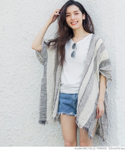 coca（coca）（コカ）の「＼＼新色登場／／ガーゼタッチサマーポンチョ（ポンチョ・レディース・ブラウン/アイボリー/チャコールグレー/ストライプ・ONE SIZE）」の17枚目の写真