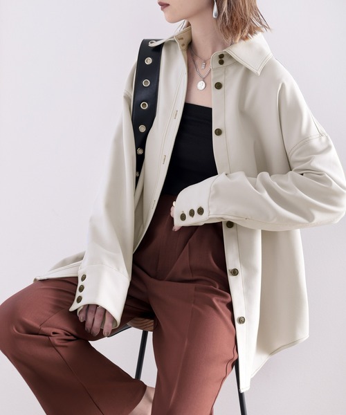 classicalelf(クラシカルエルフ)の「セットアップがキマる。配色ステッチオーバーシャツ(その他アウター・レディース・ライトグレー/ベージュ・MEDIUM/LARGE/X-LARGE)」の7枚目の写真