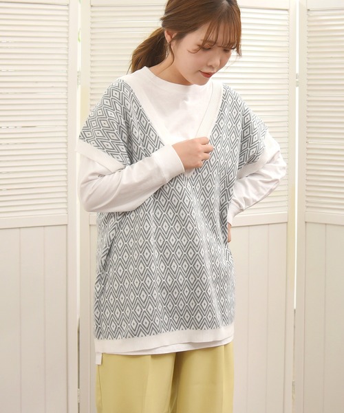 sango（sango）の「ダイヤ柄ジャガードニットベスト（ベスト・レディース・ブラウン/グレー/オリーブ・FREE）」の5枚目の写真