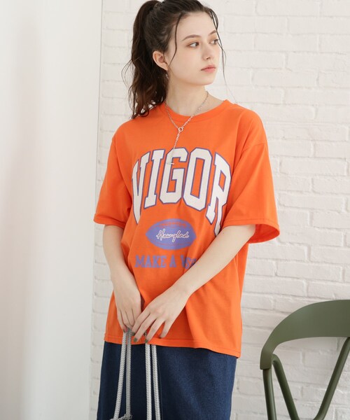 Cutie Blonde（キューティーブロンド）の「◆カレッジプリントビッグTシャツ（Tシャツ/カットソー・レディース・ネイビー/オレンジ/ライトグリーン/サンドベージュ・00）」の5枚目の写真