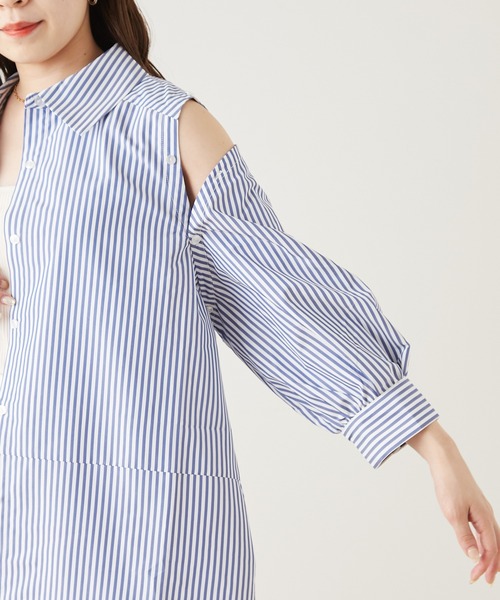 ブラウス シャツ 「SAKURA企画」マルチWAY半袖シャツ レディース yae（ヤエ）の「Multi way stripe shirt / マルチウェイ