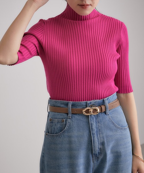 COLLAGE GALLARDAGALANTE（コラージュガリャルダガランテ）の「【OT】色違いで欲しい/ボトムを選ばない/ジャケットのインナーに/万能/リブ半袖プルオーバー/手洗い可（ニット/セーター・レディース・ホワイト/ブラック/グリーン/ピンク・FREE）」の4枚目の写真