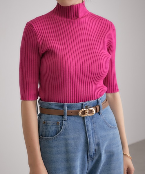 COLLAGE GALLARDAGALANTE（コラージュガリャルダガランテ）の「【OT】色違いで欲しい/ボトムを選ばない/ジャケットのインナーに/万能/リブ半袖プルオーバー/手洗い可（ニット/セーター・レディース・ホワイト/ブラック/グリーン/ピンク・FREE）」の14枚目の写真