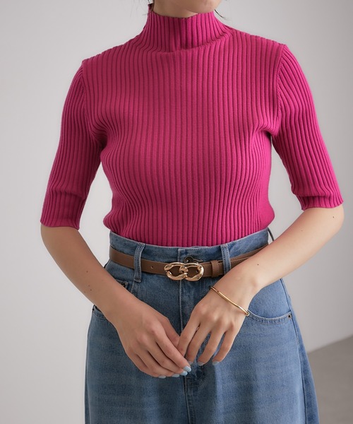 COLLAGE GALLARDAGALANTE（コラージュガリャルダガランテ）の「【OT】色違いで欲しい/ボトムを選ばない/ジャケットのインナーに/万能/リブ半袖プルオーバー/手洗い可（ニット/セーター・レディース・ホワイト/ブラック/グリーン/ピンク・FREE）」の7枚目の写真