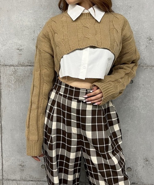 アレキサンダーワン　レイヤード シャツベージュニット　クロップドトップス XS ROGER AND RAW（ロジャーアンドロウ）の「シャツレイヤードクロップド