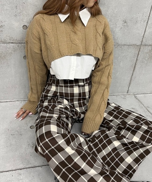 アレキサンダーワン　レイヤード シャツベージュニット　クロップドトップス XS ROGER AND RAW（ロジャーアンドロウ）の「シャツレイヤードクロップド