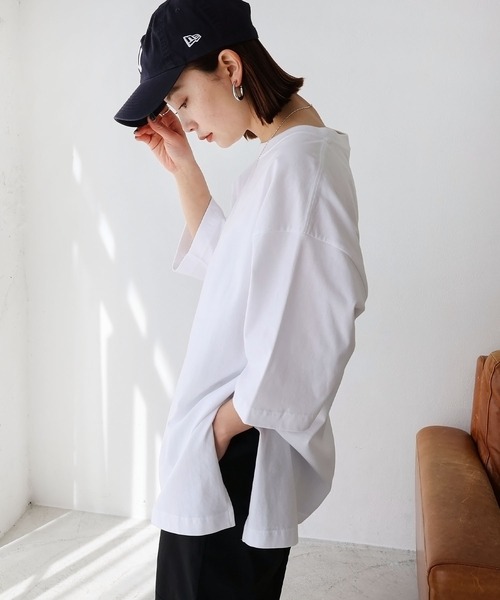 andme(アンドミー)の「コットンオーバーサイズ半袖Tシャツ(Tシャツ/カットソー・レディース・オフホワイト/チャコールグレー/ブラック/ベージュ/オートミール/ブルー系その他・M)」の9枚目の写真