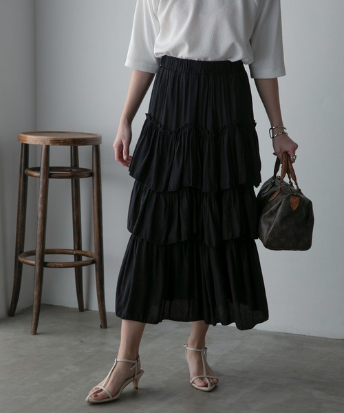 Anss.me（アンスミー）の「【Anss.me】ギャザーティアードロングスカート（スカート・レディース・ブラック/ホワイト・FREE）」の2枚目の写真