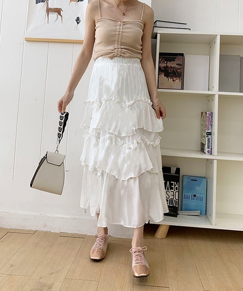 Anss.me（アンスミー）の「【Anss.me】ギャザーティアードロングスカート（スカート・レディース・ブラック/ホワイト・FREE）」の4枚目の写真