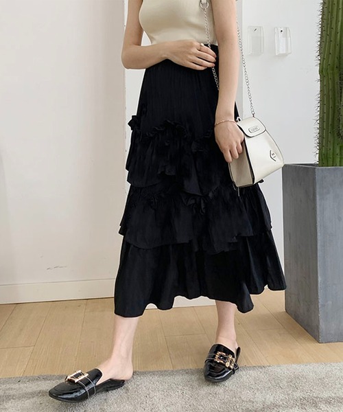 Anss.me（アンスミー）の「【Anss.me】ギャザーティアードロングスカート（スカート・レディース・ブラック/ホワイト・FREE）」の7枚目の写真
