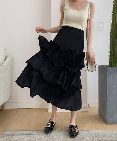 Anss.me（アンスミー）の「【Anss.me】ギャザーティアードロングスカート（スカート・レディース・ブラック/ホワイト・FREE）」の10枚目の写真