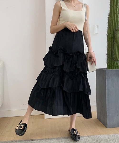 Anss.me（アンスミー）の「【Anss.me】ギャザーティアードロングスカート（スカート・レディース・ブラック/ホワイト・FREE）」の12枚目の写真