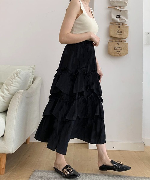 Anss.me（アンスミー）の「【Anss.me】ギャザーティアードロングスカート（スカート・レディース・ブラック/ホワイト・FREE）」の5枚目の写真