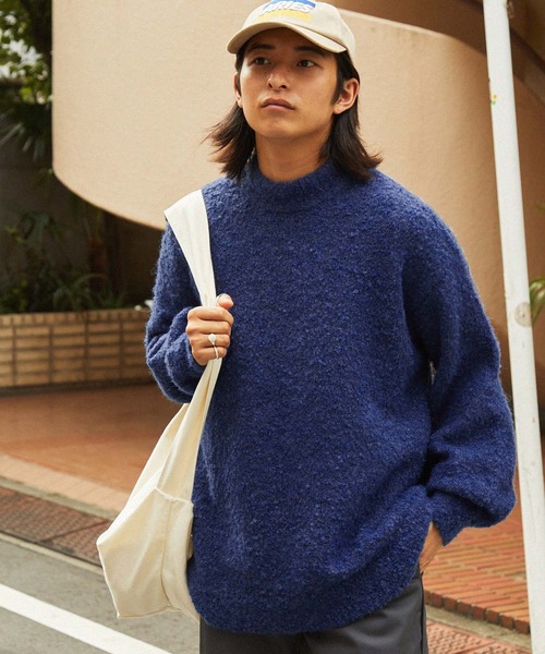 Liesse モックネック ドルマン ビッグ ニット プルオーバー ブラック 地柄モールモックネックニット(M ブルー): トップス｜Right-on