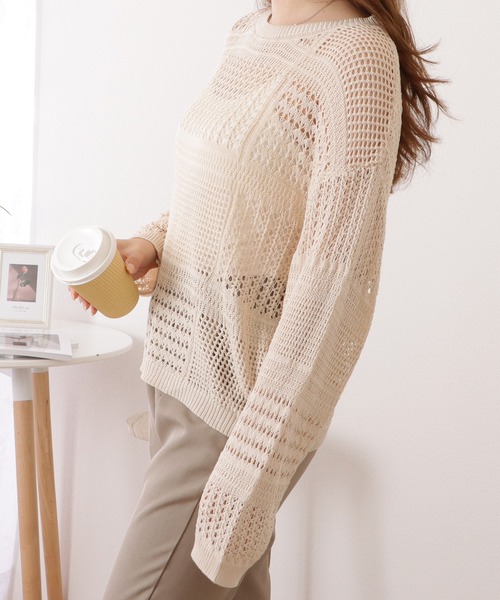 Lace Ladies(レースレディース)の「透かし編みコンパクトニット長袖プルオーバー(ニット/セーター・レディース・アイボリー・M/XL)」の5枚目の写真