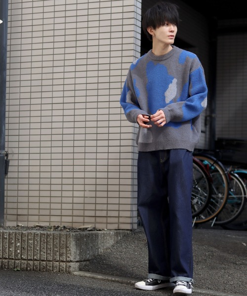 セール】abstract pattern jacquard knitting crew neck sweater/抽象
