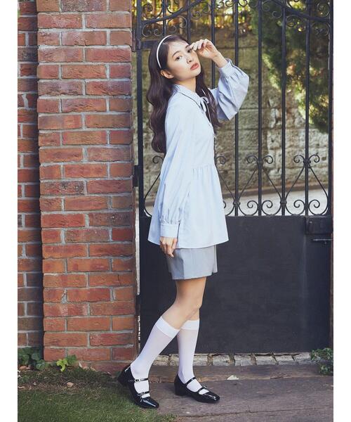 earth music&ecology（アースミュージックアンドエコロジー）の「リボン付き切り替えギャザーシャツチュニック（チュニック・レディース・イエロー/オフホワイト/ライトブルー・FREE）」の9枚目の写真