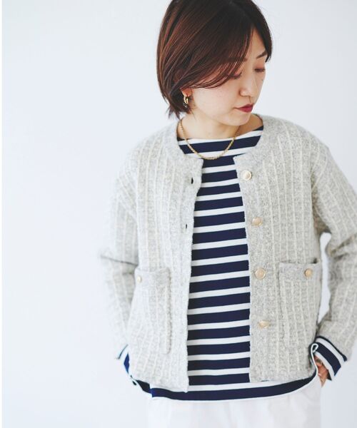 le.coeur blanc（ルクールブラン）の「格子柄ラメニットジャケット（ノーカラージャケット・レディース・ライトグレー/オフホワイト・38）」の7枚目の写真