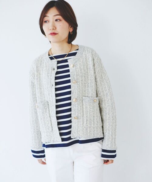 le.coeur blanc（ルクールブラン）の「格子柄ラメニットジャケット（ノーカラージャケット・レディース・ライトグレー/オフホワイト・38）」の11枚目の写真