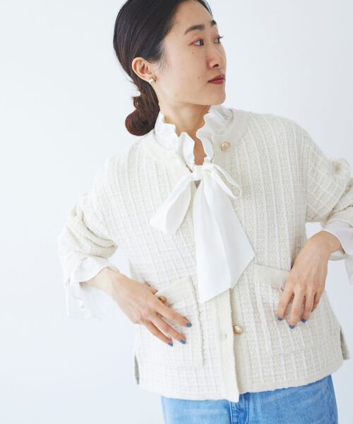 le.coeur blanc（ルクールブラン）の「格子柄ラメニットジャケット（ノーカラージャケット・レディース・ライトグレー/オフホワイト・38）」の21枚目の写真