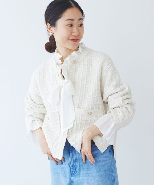 le.coeur blanc（ルクールブラン）の「格子柄ラメニットジャケット（ノーカラージャケット・レディース・ライトグレー/オフホワイト・38）」の8枚目の写真